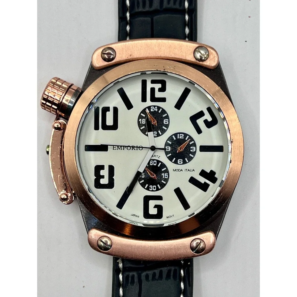 NWOT Emporio Watch NO.8975 Black/Rose Gold New Chronograph Canteen Crown